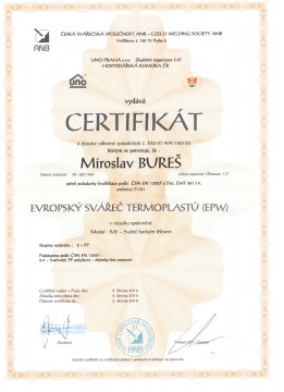 Certifikát evropský svářeč termoplastů